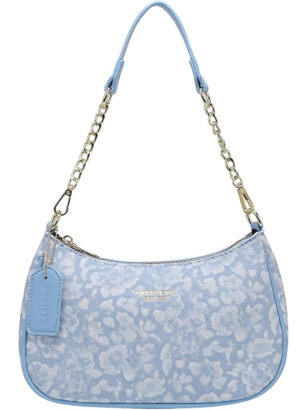 👜Women's Floral Blue PU Leather Gold Chain Hobo Shoulder Bag Zipper Handbag